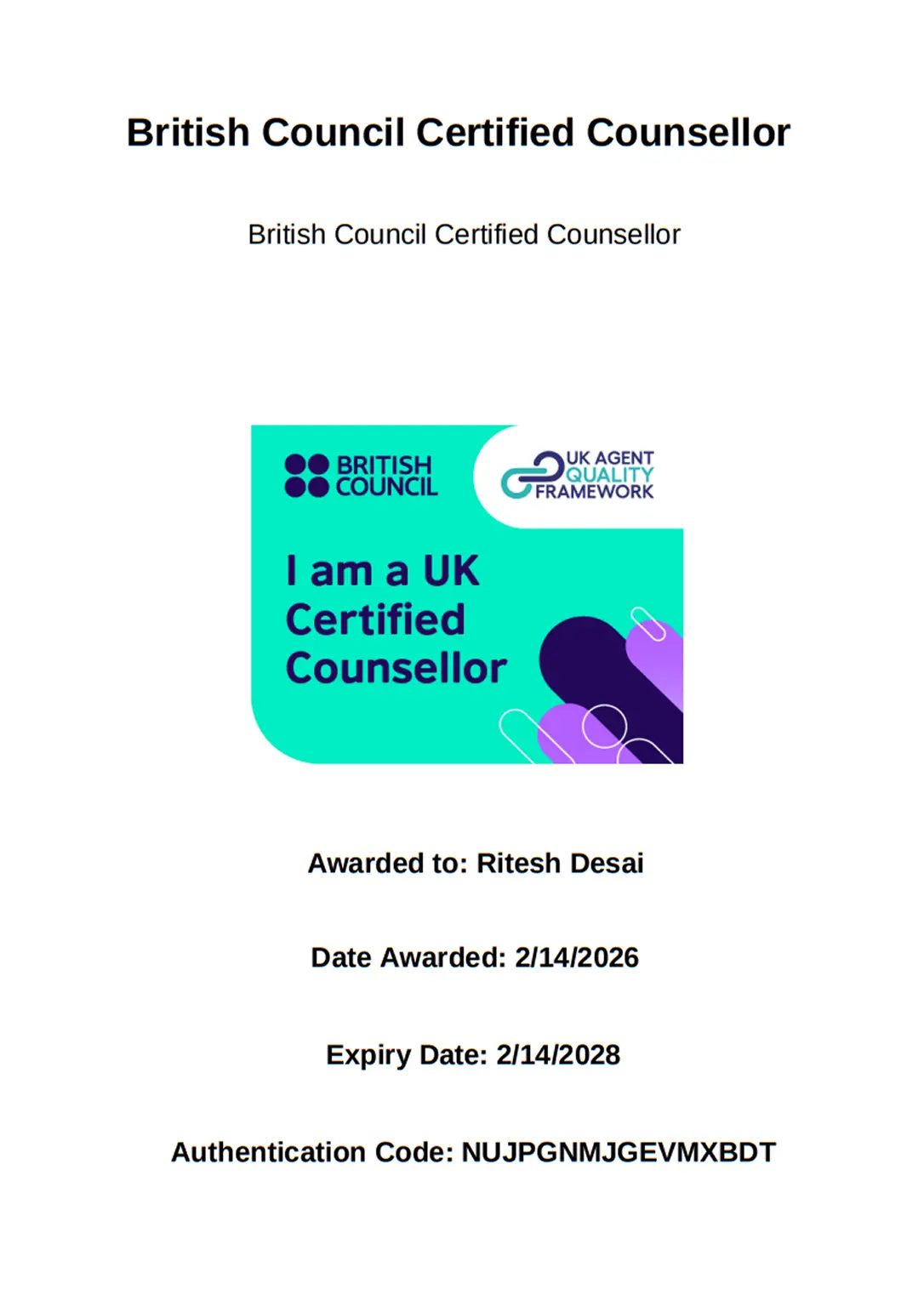 British Council Certified Counsellor
